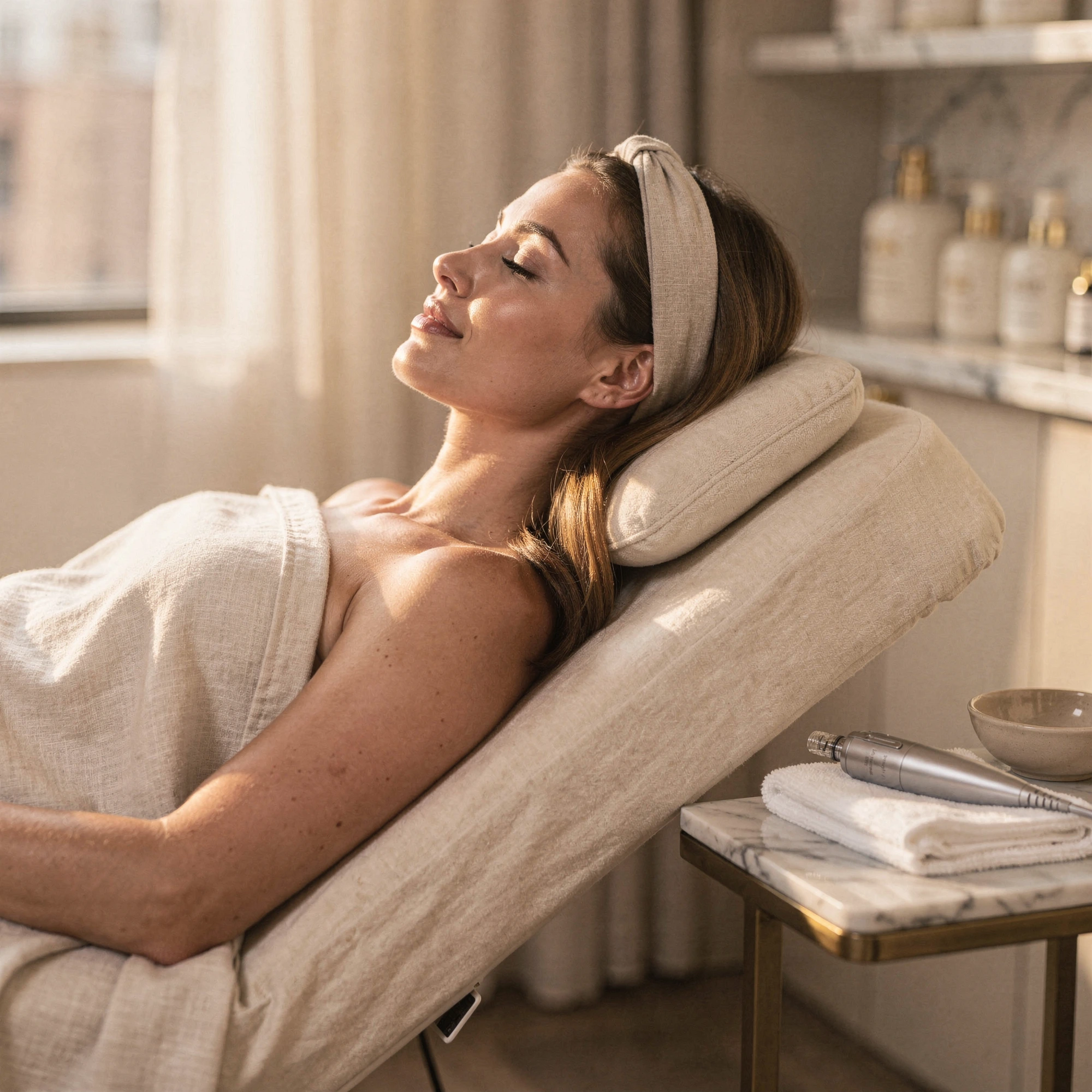Woman relaxing on treatment bed with microneedling device and supplies on nearby table